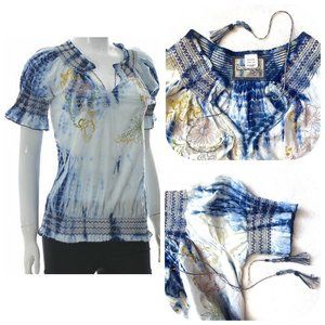 Desigual Tie Dye embroider smock puff sleeve top NWOT